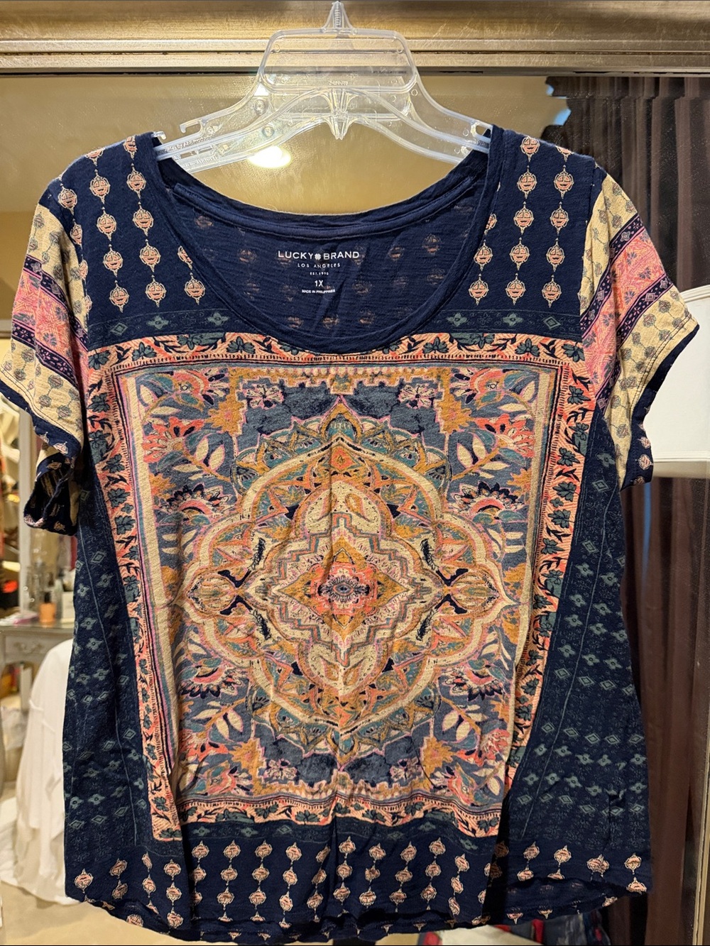 Lucky Brand Navy Multicolor Medallion Short Sleeve Tee 1X